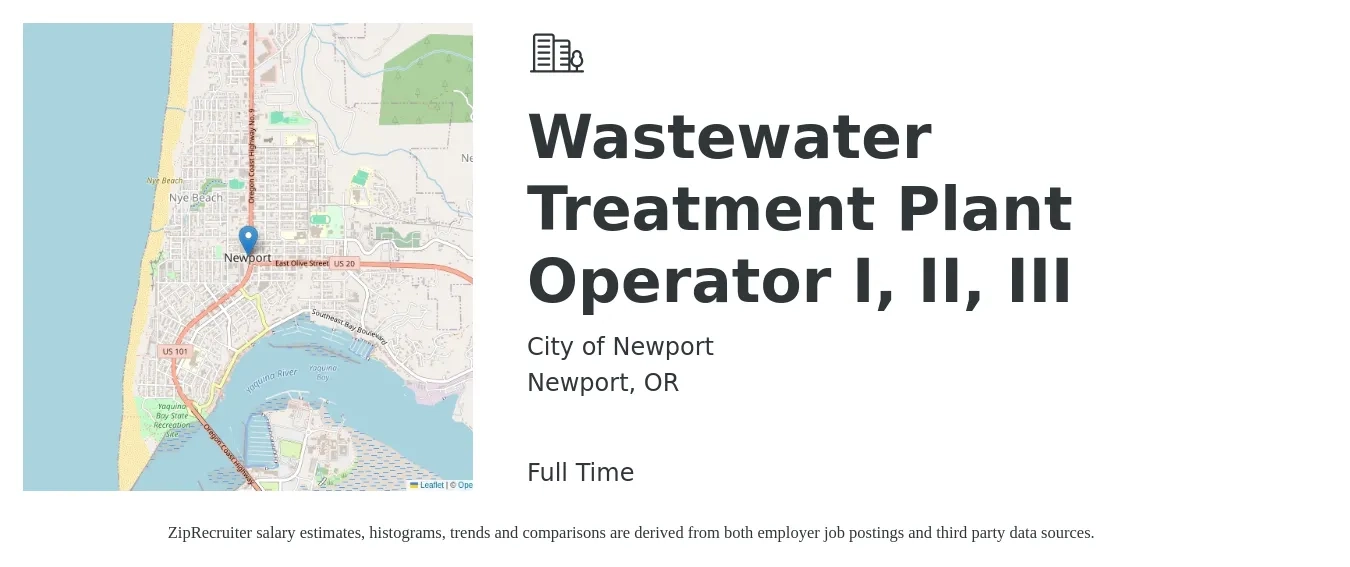 City of Newport job posting for a Wastewater Treatment Plant Operator I, II, III in Newport, OR with a salary of $22 to $32 Hourly with a map of Newport location.