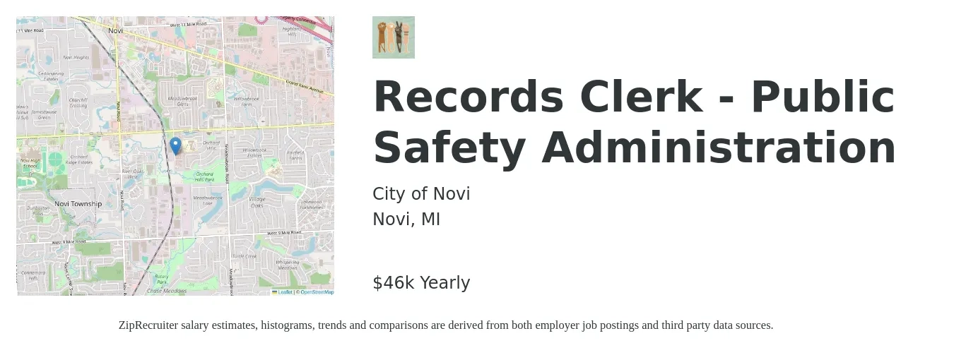 City of Novi job posting for a Records Clerk - Public Safety Administration in Novi, MI with a salary of $46,893 Yearly with a map of Novi location.