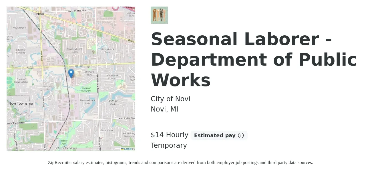 City of Novi job posting for a Seasonal Laborer - Department of Public Works in Novi, MI with a salary of $16 Hourly with a map of Novi location.