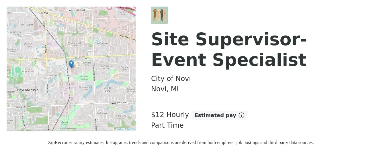 City of Novi job posting for a Site Supervisor- Event Specialist in Novi, MI with a salary of $13 Hourly with a map of Novi location.