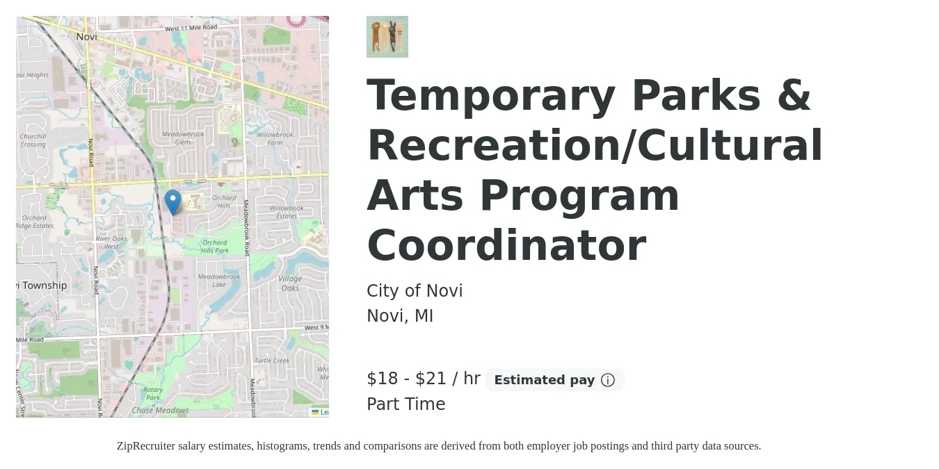 City of Novi job posting for a Temporary Parks & Recreation/Cultural Arts Program Coordinator in Novi, MI with a salary of $19 to $22 Hourly with a map of Novi location.