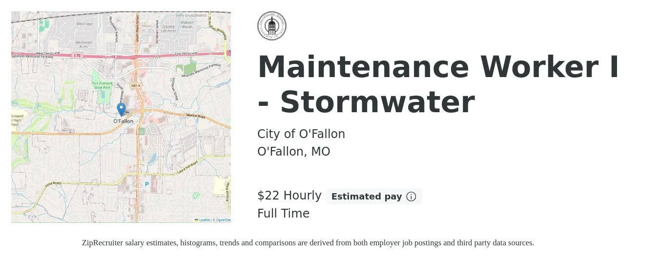 City of O'Fallon job posting for a Maintenance Worker I - Stormwater in O'Fallon, MO with a salary of $24 Hourly with a map of O'Fallon location.