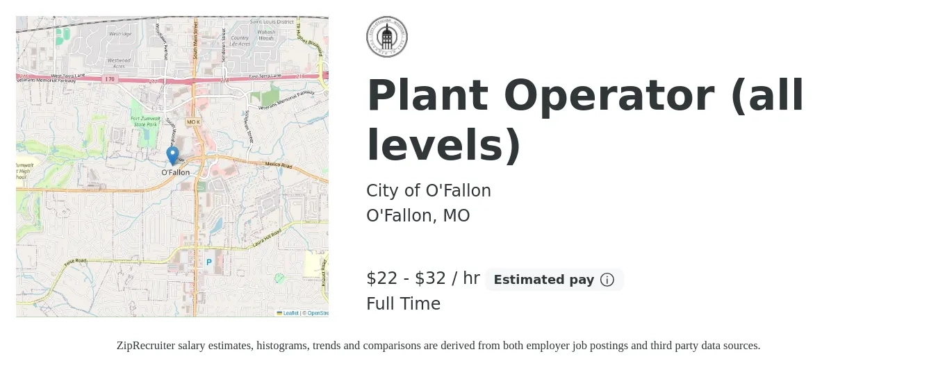 City of O'Fallon job posting for a Plant Operator (all levels) in O'Fallon, MO with a salary of $24 to $34 Hourly with a map of O'Fallon location.