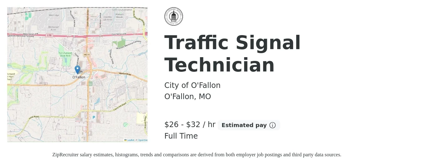 City of O'Fallon job posting for a Traffic Signal Technician in O'Fallon, MO with a salary of $27 to $34 Hourly with a map of O'Fallon location.