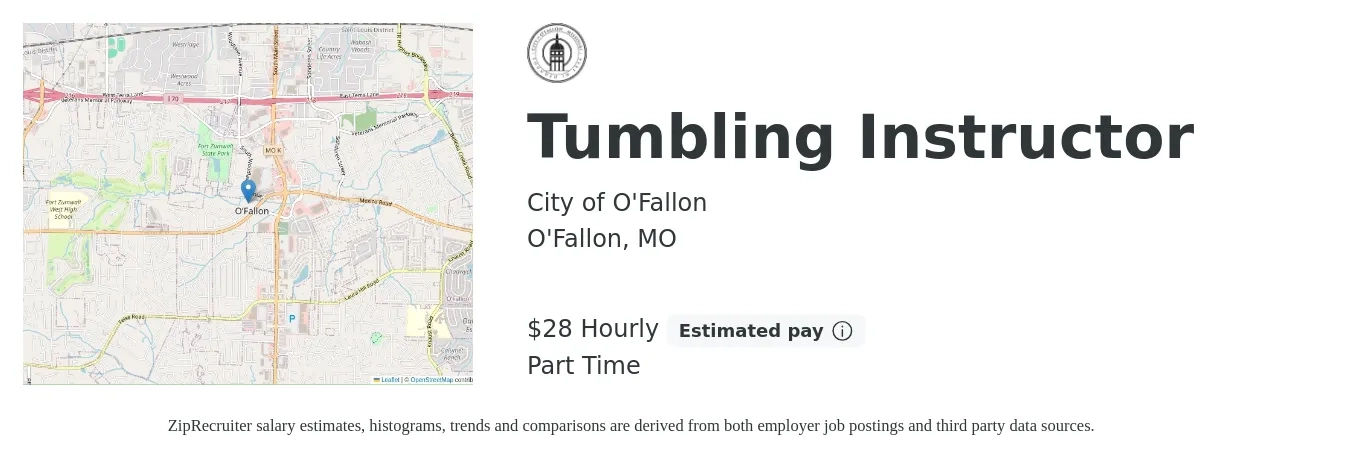 City of O'Fallon job posting for a Tumbling Instructor in O'Fallon, MO with a salary of $30 Hourly with a map of O'Fallon location.