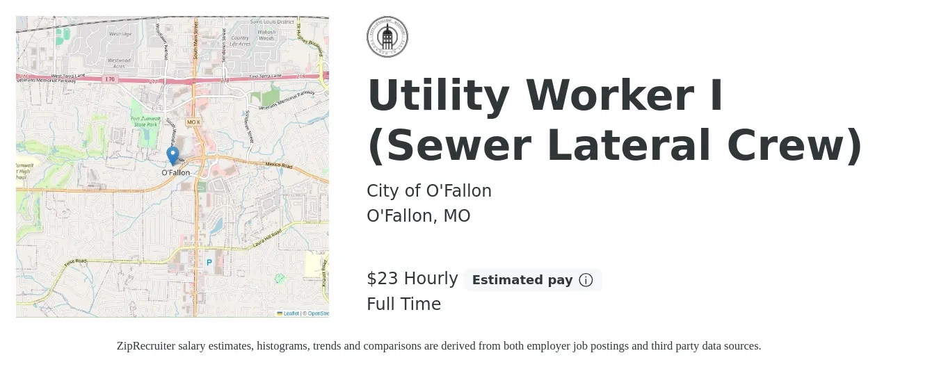 City of O'Fallon job posting for a Utility Worker I (Sewer Lateral Crew) in O'Fallon, MO with a salary of $25 Hourly with a map of O'Fallon location.