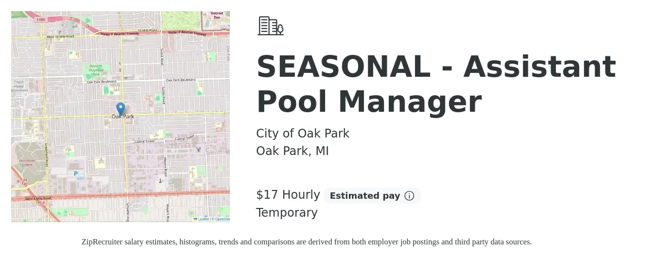 City of Oak Park job posting for a SEASONAL - Assistant Pool Manager in Oak Park, MI with a salary of $18 Hourly with a map of Oak Park location.