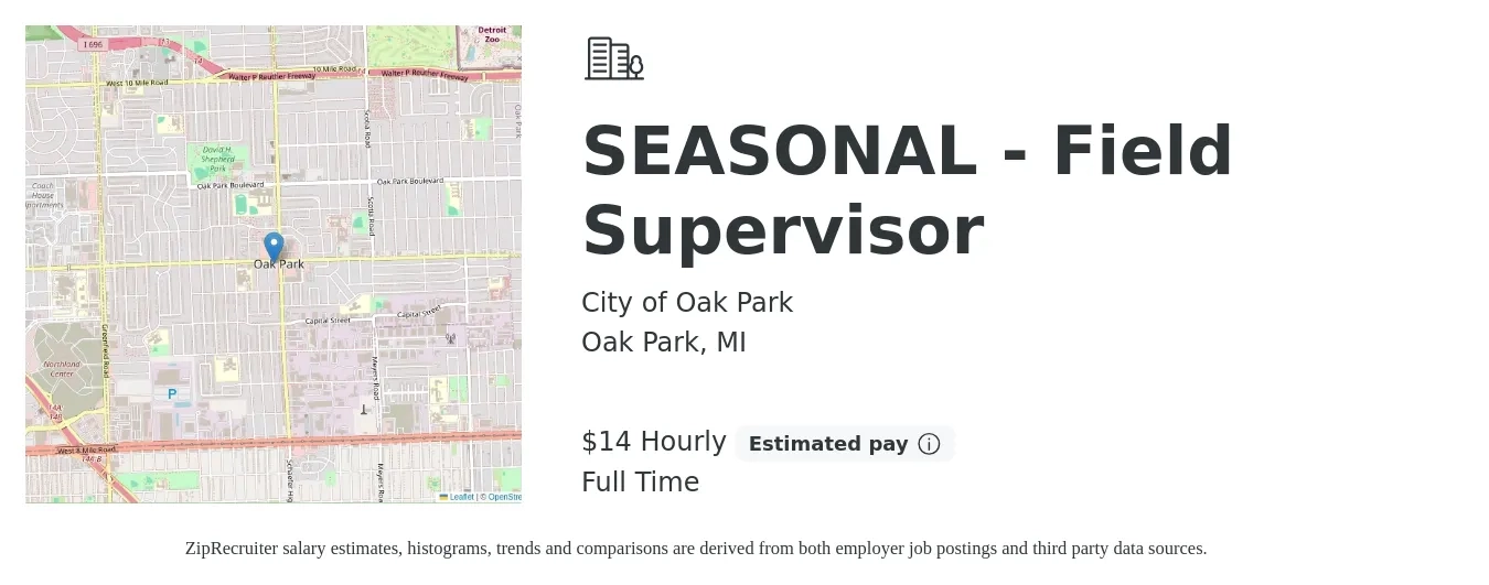 City of Oak Park job posting for a SEASONAL - Field Supervisor in Oak Park, MI with a salary of $15 Hourly with a map of Oak Park location.