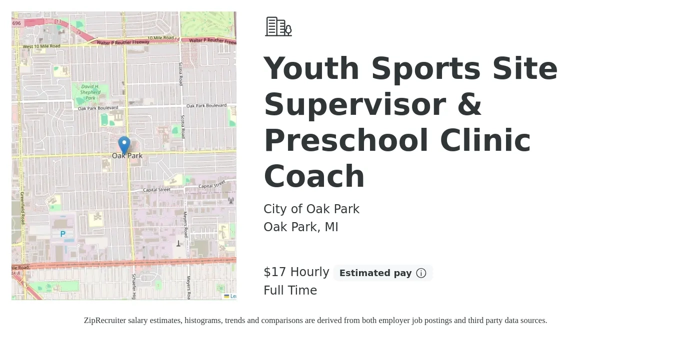 City of Oak Park job posting for a Youth Sports Site Supervisor & Preschool Clinic Coach in Oak Park, MI with a salary of $18 Hourly with a map of Oak Park location.