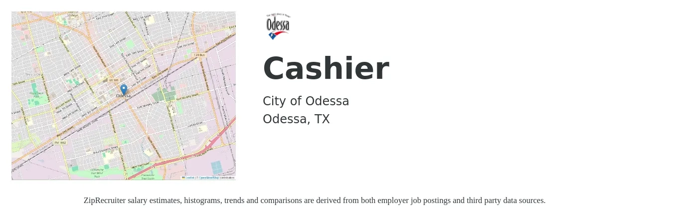 City of Odessa job posting for a Cashier in Odessa, TX with a salary of $15 Hourly with a map of Odessa location.