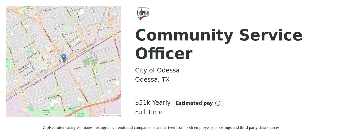 City of Odessa job posting for a Community Service Officer in Odessa, TX with a salary of $51,896 Yearly with a map of Odessa location.