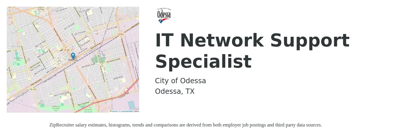 City of Odessa job posting for a IT Network Support Specialist in Odessa, TX with a salary of $23 to $36 Hourly with a map of Odessa location.