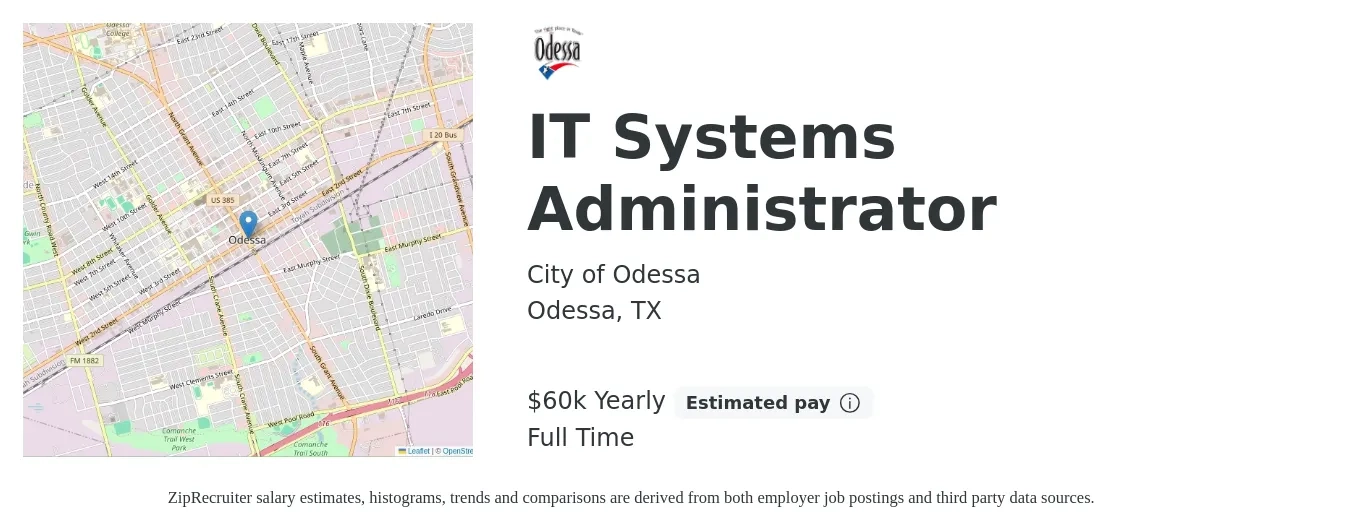 City of Odessa job posting for a IT Systems Administrator in Odessa, TX with a salary of $67,600 to $95,400 Yearly with a map of Odessa location.