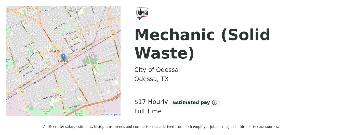 City of Odessa job posting for a Mechanic (Solid Waste) in Odessa, TX with a salary of $18 Hourly with a map of Odessa location.
