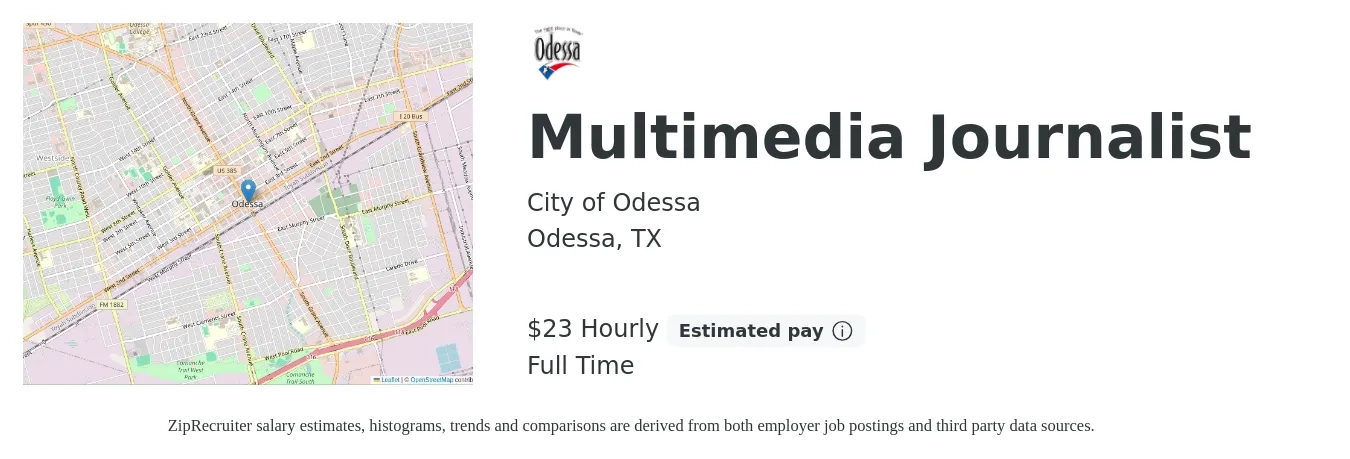 City of Odessa job posting for a Multimedia Journalist in Odessa, TX with a salary of $24 Hourly with a map of Odessa location.