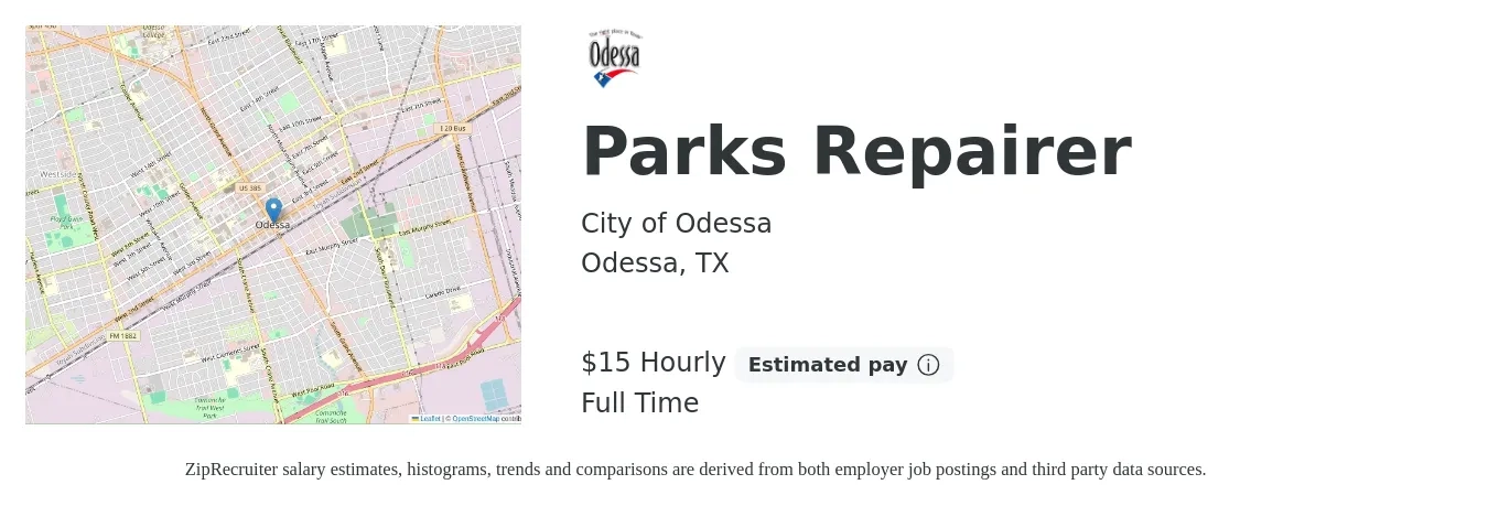 City of Odessa job posting for a Parks Repairer in Odessa, TX with a salary of $16 Hourly with a map of Odessa location.