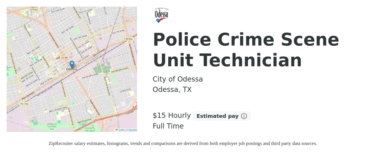 City of Odessa job posting for a Police Crime Scene Unit Technician in Odessa, TX with a salary of $16 Hourly with a map of Odessa location.
