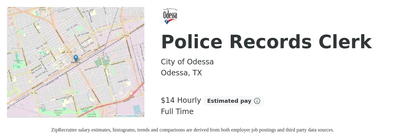 City of Odessa job posting for a Police Records Clerk in Odessa, TX with a salary of $15 Hourly with a map of Odessa location.