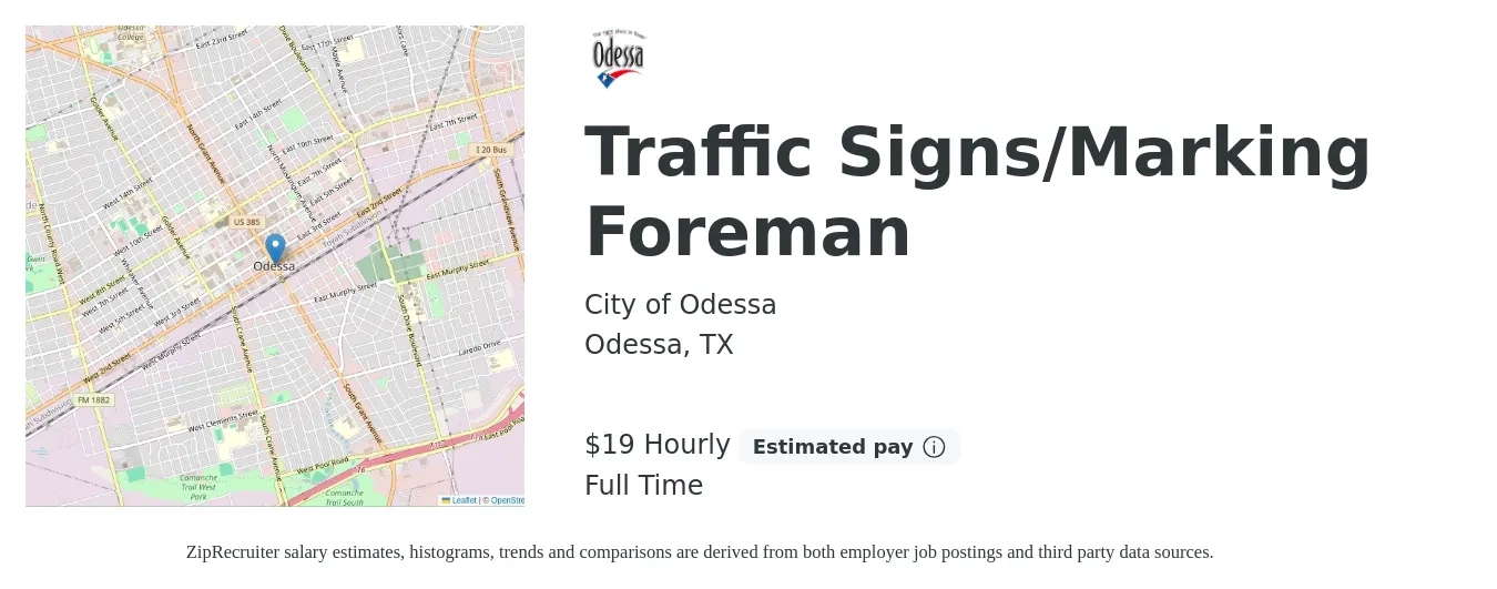 City of Odessa job posting for a Traffic Signs/Marking Foreman in Odessa, TX with a salary of $20 Hourly with a map of Odessa location.