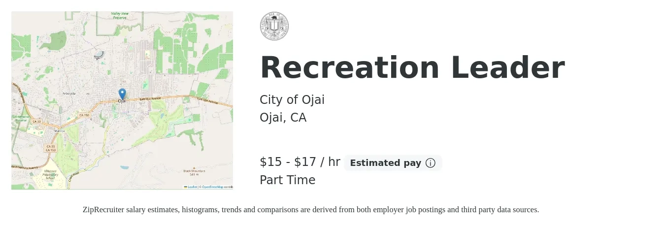 City of Ojai job posting for a Recreation Leader in Ojai, CA with a salary of $16 to $19 Hourly with a map of Ojai location.