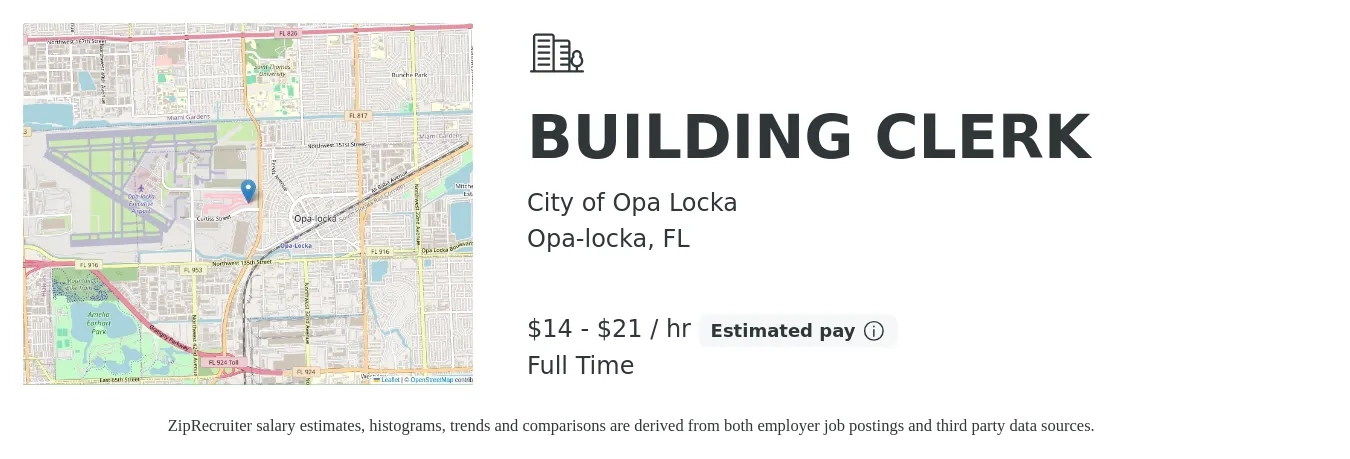 City of Opa Locka job posting for a BUILDING CLERK in Opa-locka, FL with a salary of $15 to $22 Hourly with a map of Opa-locka location.
