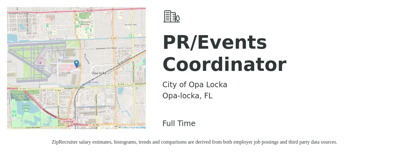 City of Opa Locka job posting for a PR/Events Coordinator in Opa-locka, FL with a salary of $18 to $27 Hourly with a map of Opa-locka location.