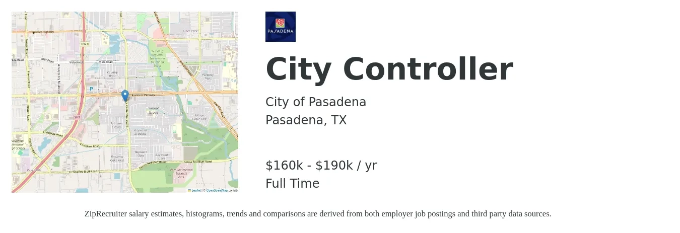 City of Pasadena job posting for a City Controller in Pasadena, TX with a salary of $160,000 to $190,000 Yearly with a map of Pasadena location.