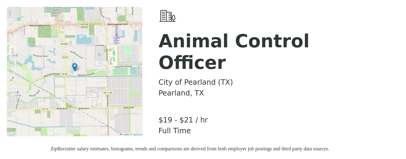 City of Pearland, TX job posting for a Animal Control Officer in Pearland, TX with a salary of $21 to $23 Hourly with a map of Pearland location.
