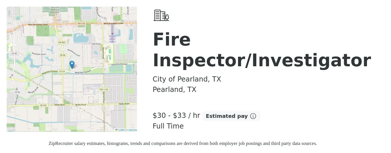 City of Pearland, TX job posting for a Fire Inspector/Investigator in Pearland, TX with a salary of $32 to $35 Hourly with a map of Pearland location.