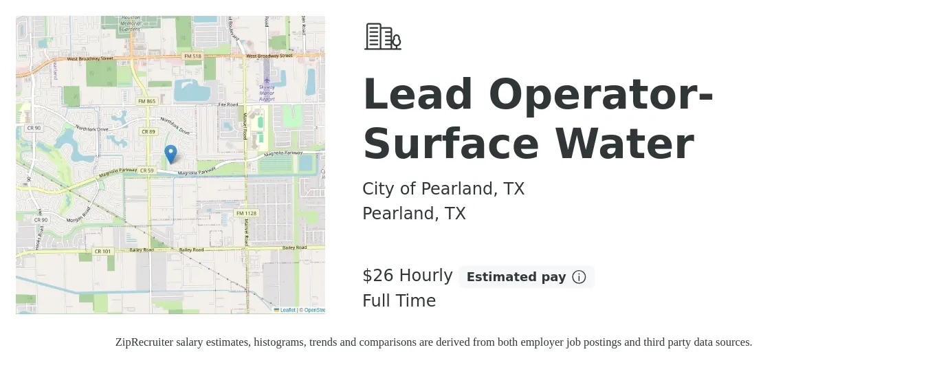 City of Pearland, TX job posting for a Lead Operator- Surface Water in Pearland, TX with a salary of $25 to $27 Hourly with a map of Pearland location.