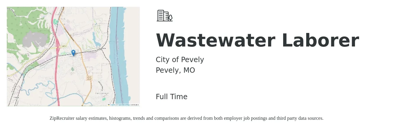 City of Pevely job posting for a Wastewater Laborer in Pevely, MO with a map of Pevely location.