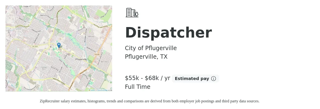 City of Pflugerville job posting for a Dispatcher in Pflugerville, TX with a salary of $55,000 to $68,275 Yearly with a map of Pflugerville location.