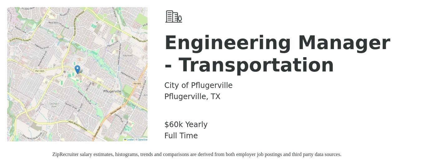 City of Pflugerville job posting for a Engineering Manager - Transportation in Pflugerville, TX with a salary of $93,728 to $145,279 Yearly with a map of Pflugerville location.