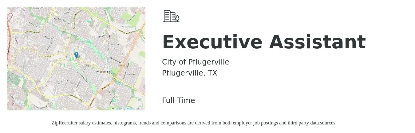 City of Pflugerville job posting for a Executive Assistant in Pflugerville, TX with a salary of $42,938 to $54,746 Yearly with a map of Pflugerville location.