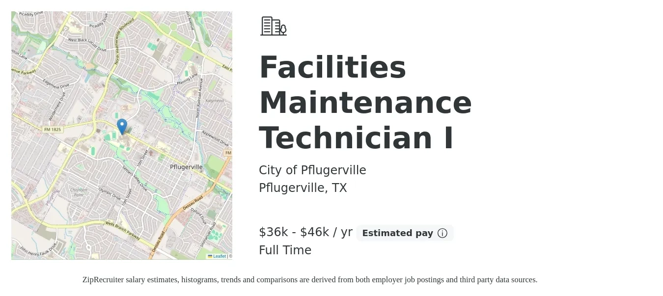 City of Pflugerville job posting for a Facilities Maintenance Technician I in Pflugerville, TX with a salary of $35,325 to $45,040 Yearly with a map of Pflugerville location.