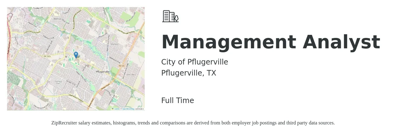 City of Pflugerville job posting for a Management Analyst in Pflugerville, TX with a salary of $60,418 to $77,033 Yearly with a map of Pflugerville location.
