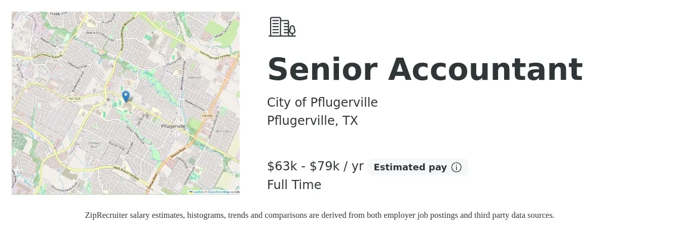 City of Pflugerville job posting for a Senior Accountant in Pflugerville, TX with a salary of $60,418 to $77,033 Yearly with a map of Pflugerville location.