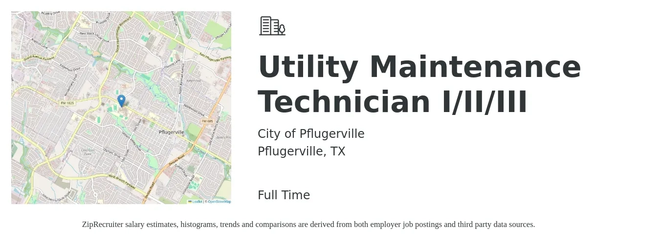 City of Pflugerville job posting for a Utility Maintenance Technician I/II/III in Pflugerville, TX with a salary of $38,946 to $63,376 Yearly with a map of Pflugerville location.