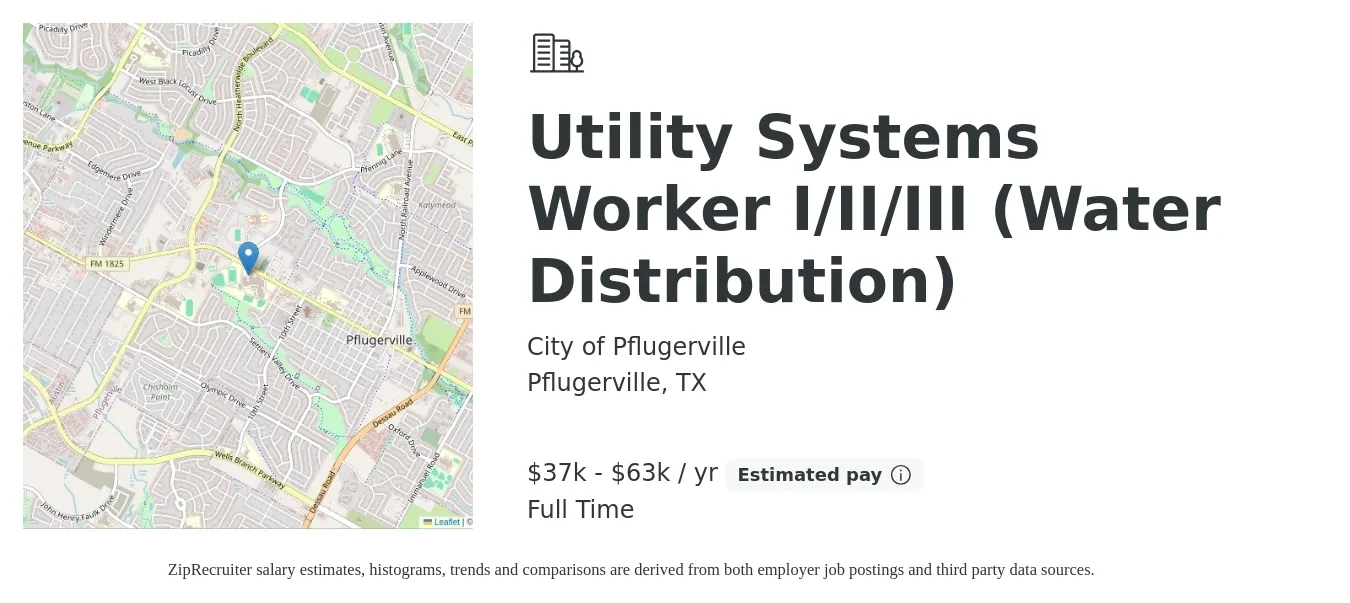 City of Pflugerville job posting for a Utility Systems Worker I/II/III (Water Distribution) in Pflugerville, TX with a salary of $37,091 to $63,376 Yearly with a map of Pflugerville location.