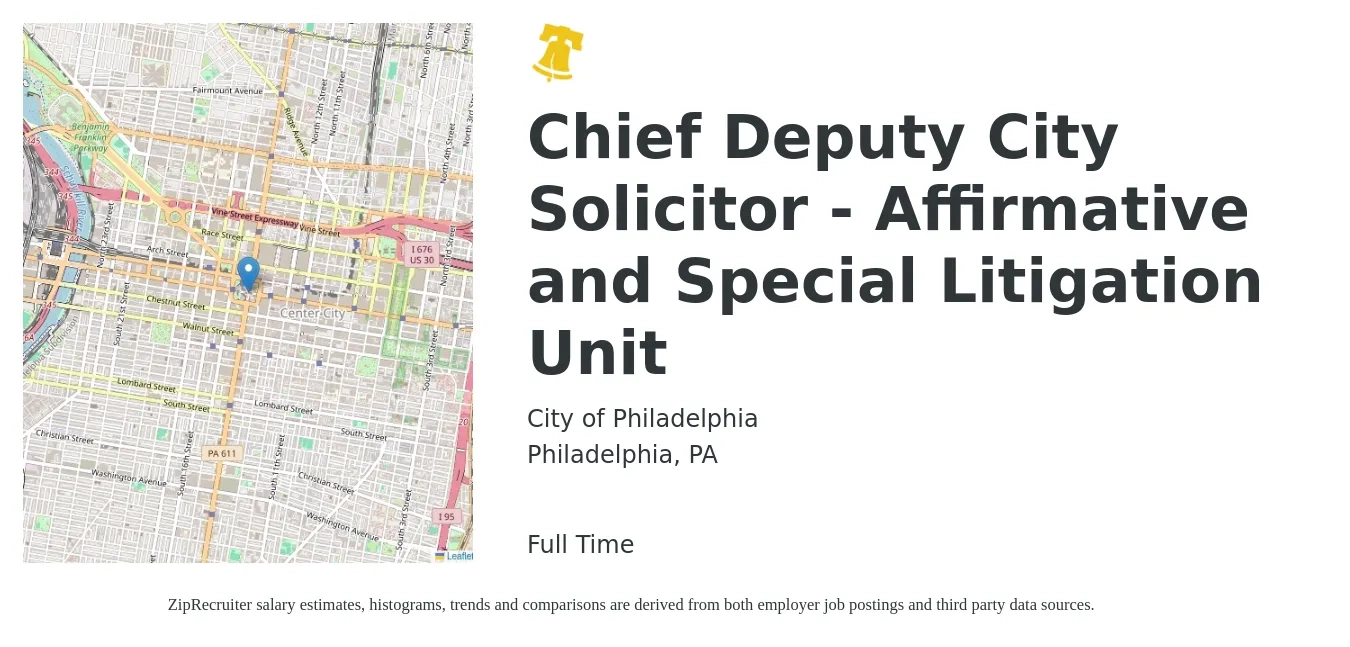 City of Philadelphia job posting for a Chief Deputy City Solicitor - Affirmative and Special Litigation Unit in Philadelphia, PA with a salary of $83,600 to $130,500 Yearly with a map of Philadelphia location.