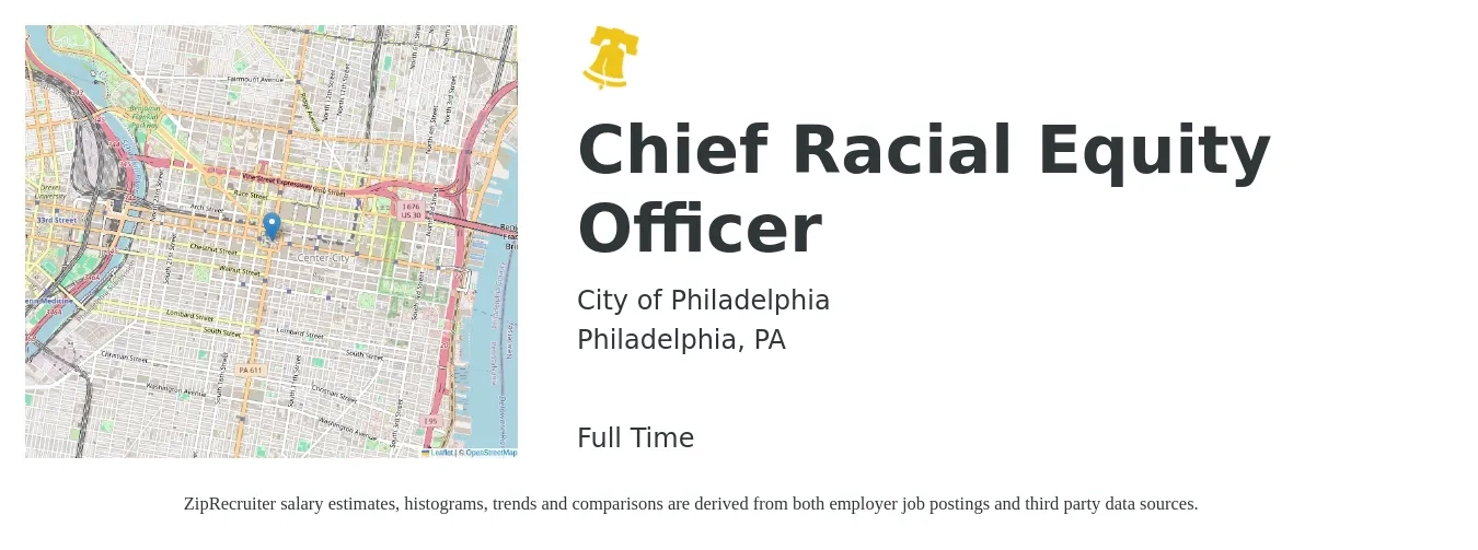 City of Philadelphia job posting for a Chief Racial Equity Officer in Philadelphia, PA with a salary of $88,900 to $139,500 Yearly with a map of Philadelphia location.