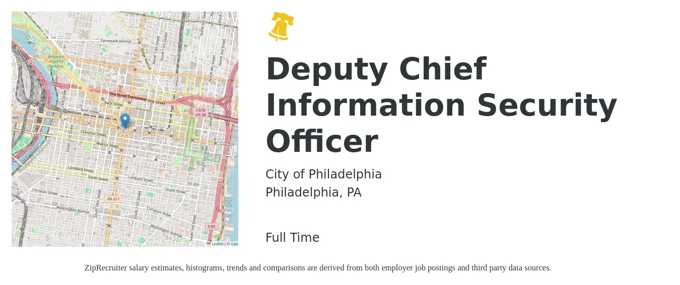 City of Philadelphia job posting for a Deputy Chief Information Security Officer in Philadelphia, PA with a salary of $112,800 to $160,100 Yearly with a map of Philadelphia location.