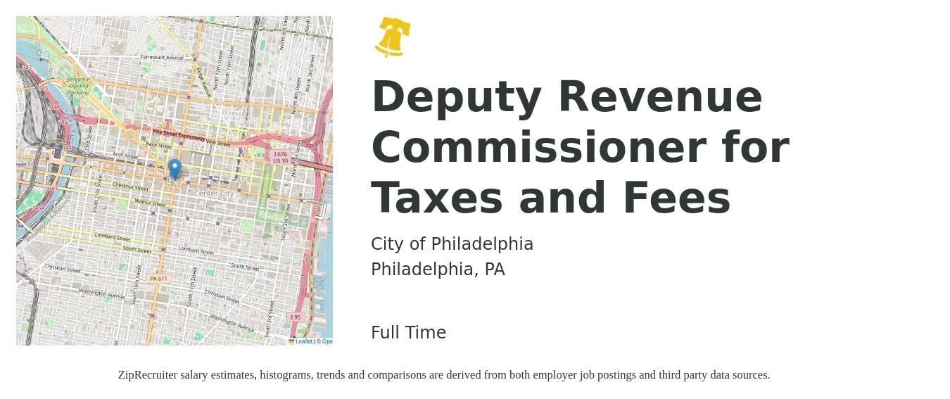 City of Philadelphia job posting for a Deputy Revenue Commissioner for Taxes and Fees in Philadelphia, PA with a salary of $108,000 to $140,500 Yearly with a map of Philadelphia location.