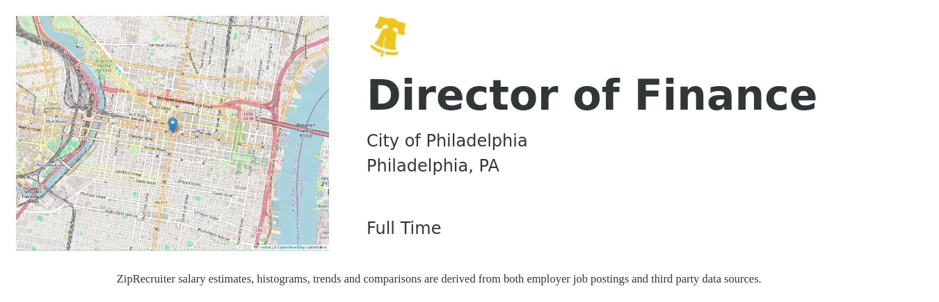 City of Philadelphia job posting for a Director of Finance in Philadelphia, PA with a salary of $96,000 to $146,200 Yearly with a map of Philadelphia location.