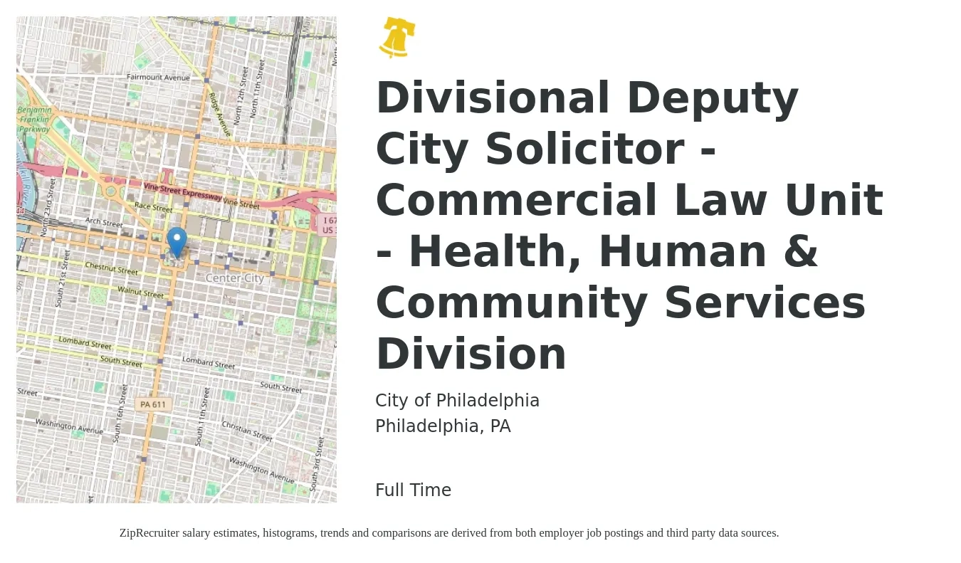 City of Philadelphia job posting for a Divisional Deputy City Solicitor - Commercial Law Unit - Health, Human & Community Services Division in Philadelphia, PA with a salary of $50,700 to $76,900 Yearly with a map of Philadelphia location.