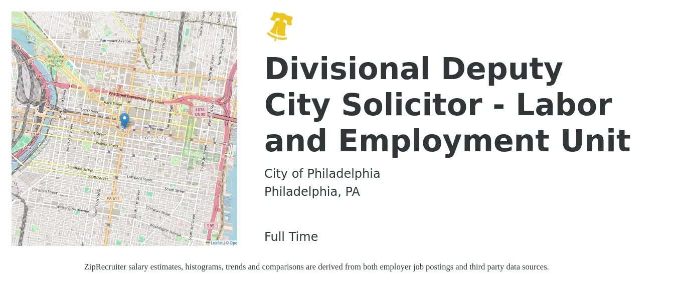 City of Philadelphia job posting for a Divisional Deputy City Solicitor - Labor and Employment Unit in Philadelphia, PA with a salary of $83,600 to $130,500 Yearly with a map of Philadelphia location.