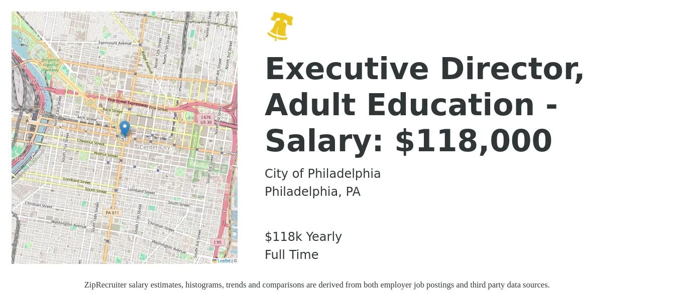 City of Philadelphia job posting for a Executive Director, Adult Education - Salary: $118,000 in Philadelphia, PA with a salary of $118,000 Yearly with a map of Philadelphia location.