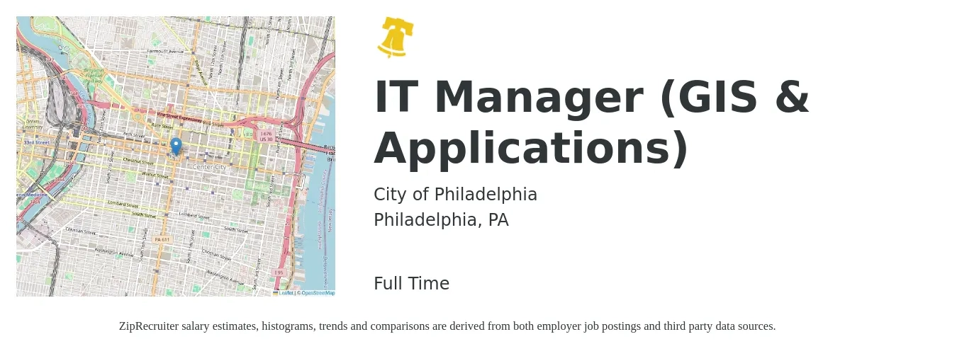 City of Philadelphia job posting for a IT Manager (GIS & Applications) in Philadelphia, PA with a salary of $91,700 to $128,500 Yearly with a map of Philadelphia location.