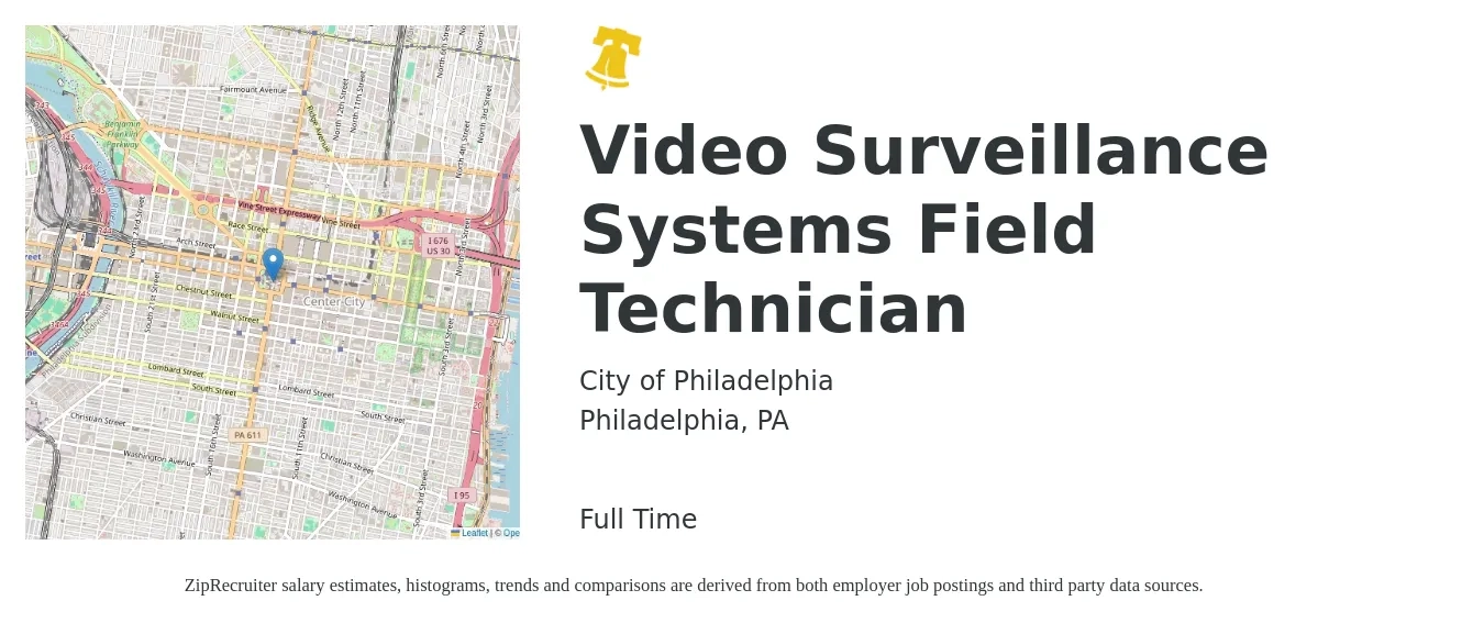 City of Philadelphia job posting for a Video Surveillance Systems Field Technician in Philadelphia, PA with a salary of $19 to $24 Hourly with a map of Philadelphia location.