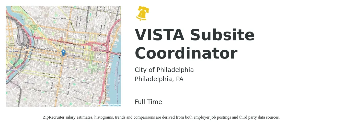 City of Philadelphia job posting for a VISTA Subsite Coordinator in Philadelphia, PA with a salary of $21 to $34 Hourly with a map of Philadelphia location.